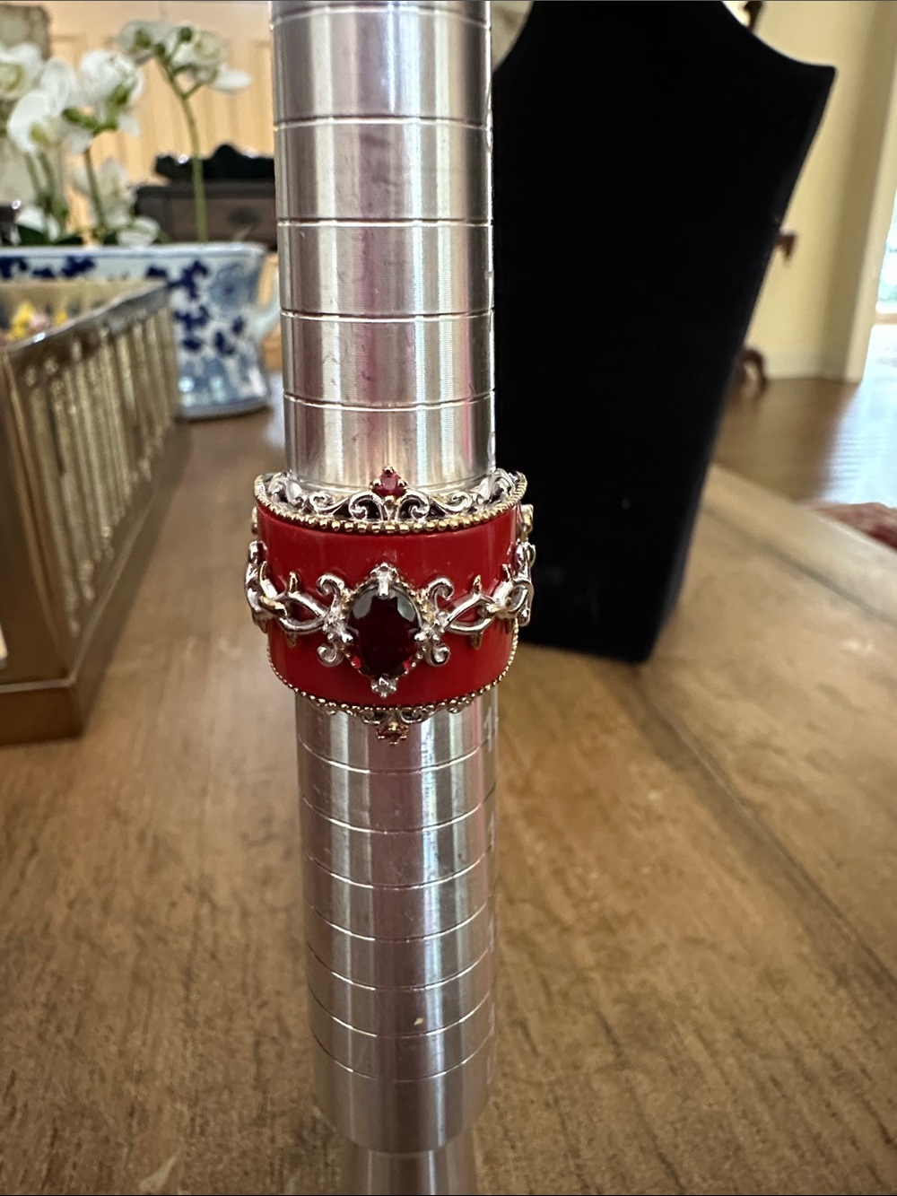 Red Enamel Statement Ring with Garnet-Style Accent - Women Jewelry
